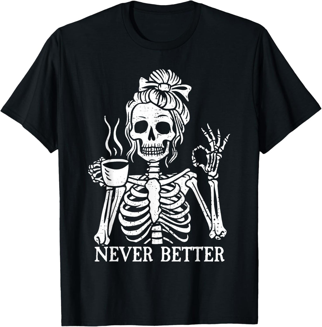 Messy Bun Drinking Coffee Skeleton T-Shirt for Women Funny product image 1