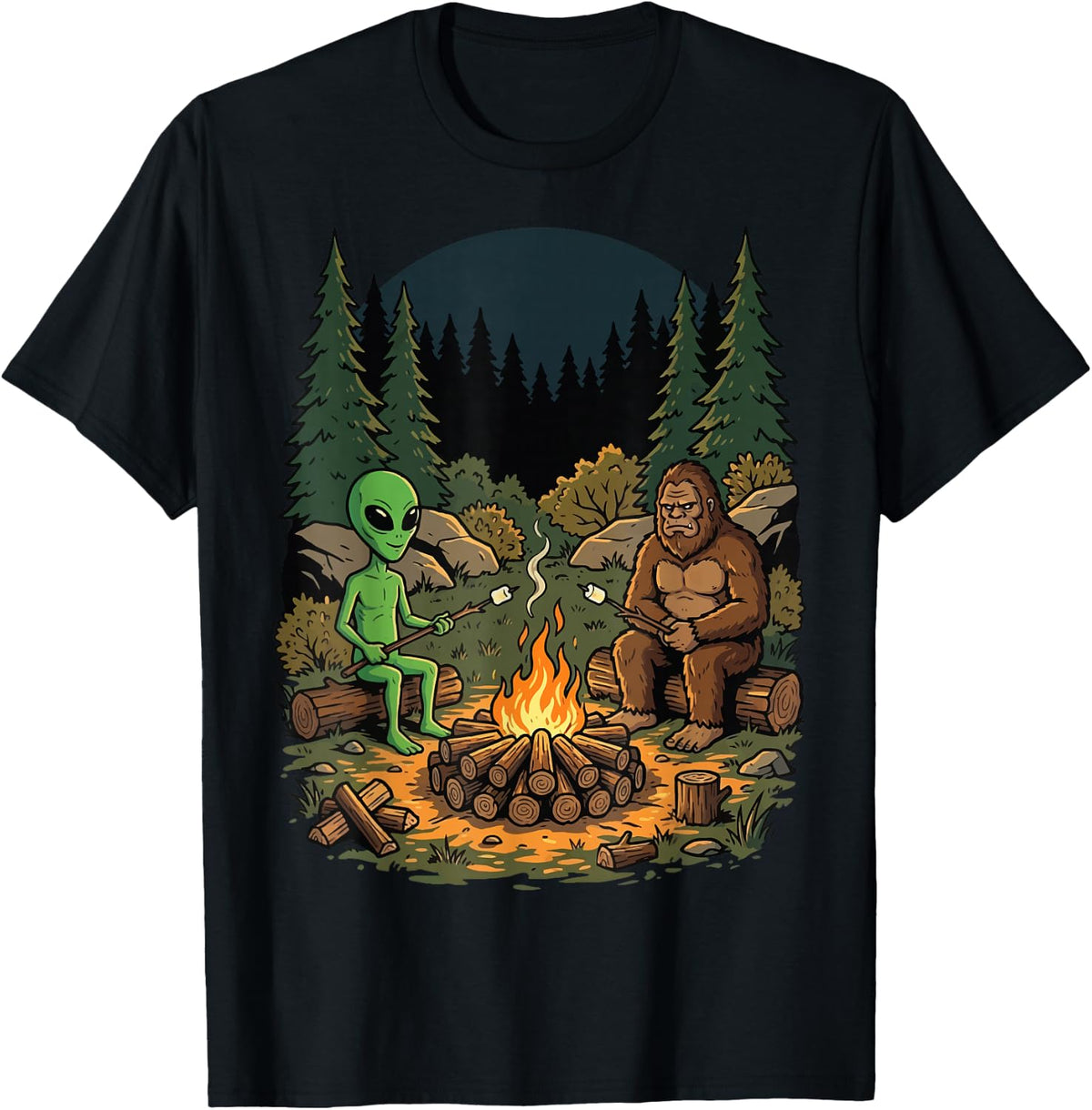 Bigfoot Alien Campfire Camping T-Shirt product image 1